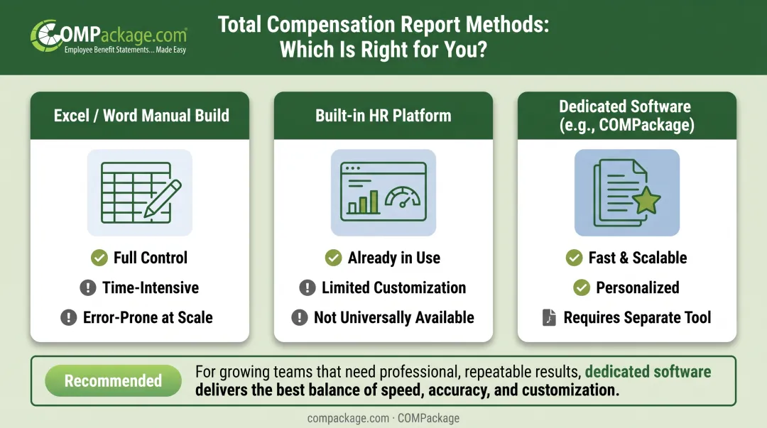 Three compensation report creation methods comparison chart pros cons overview