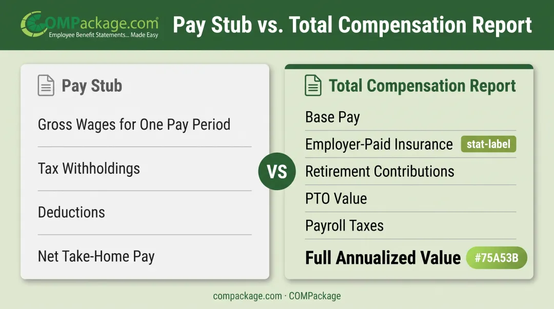 Pay stub versus total compensation report side-by-side comparison chart