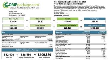 Employee benefits statement itemized table displaying total compensation breakdown by category