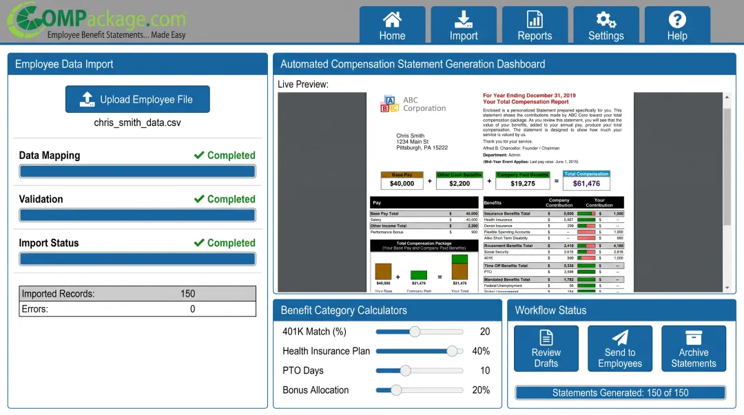 COMPackage software dashboard generating automated employee total compensation statements