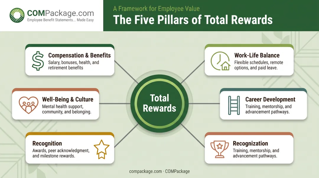 Five pillars of total rewards framework compensation well-being career recognition culture