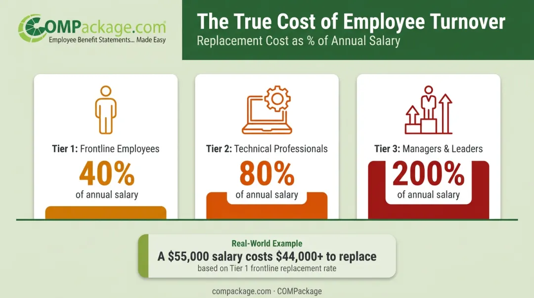 Employee turnover replacement cost percentages by role type tier infographic