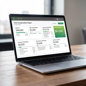 Branded employee compensation report on a laptop
