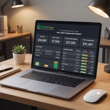 Branded total compensation report on a laptop