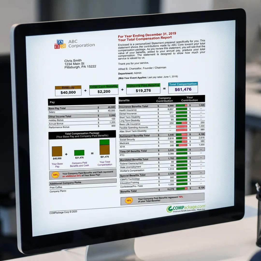 Branded employee total compensation statement on screen