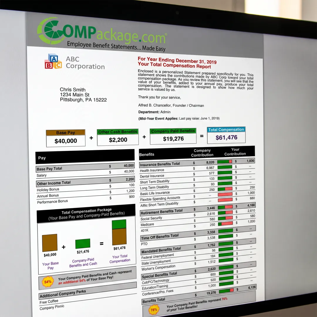 Branded employee total compensation statement on screen
