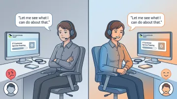 Two support agents delivering identical words with contrasting emotional tone