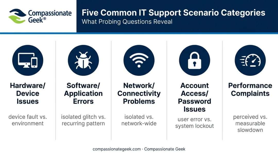 Five common IT support scenarios with targeted probing question categories