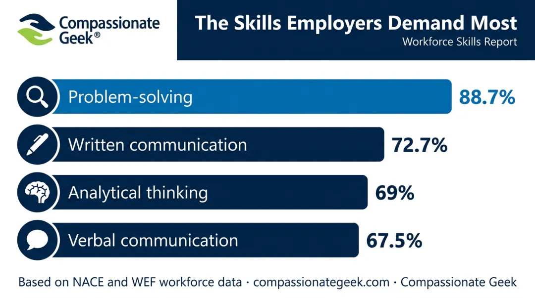 Employer demand percentages for top professional development skills ranked bar chart
