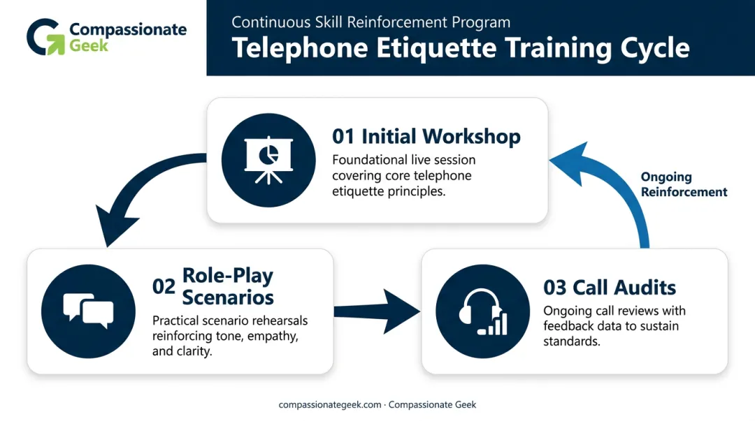 Three-phase telephone etiquette training program from workshop to call audits