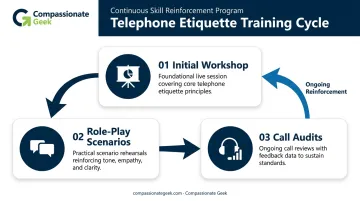Three-phase telephone etiquette training program from workshop to call audits