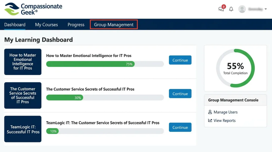 Compassionate Geek IT customer service training course dashboard interface