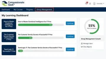 Compassionate Geek IT customer service training course dashboard interface