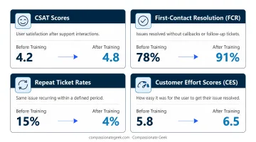 Four key IT customer service training metrics CSAT FCR repeat tickets and CES