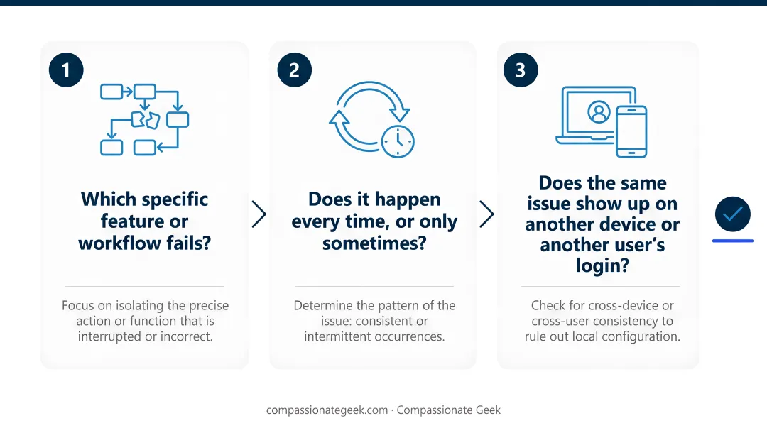Four IT support scenario categories with targeted troubleshooting questions