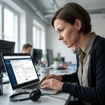 IT professional reviewing support tickets on a laptop