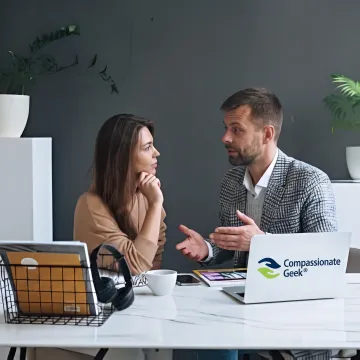 IT professional assisting a customer with confidence