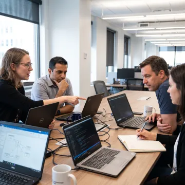 Technical support team collaborating during customer service training
