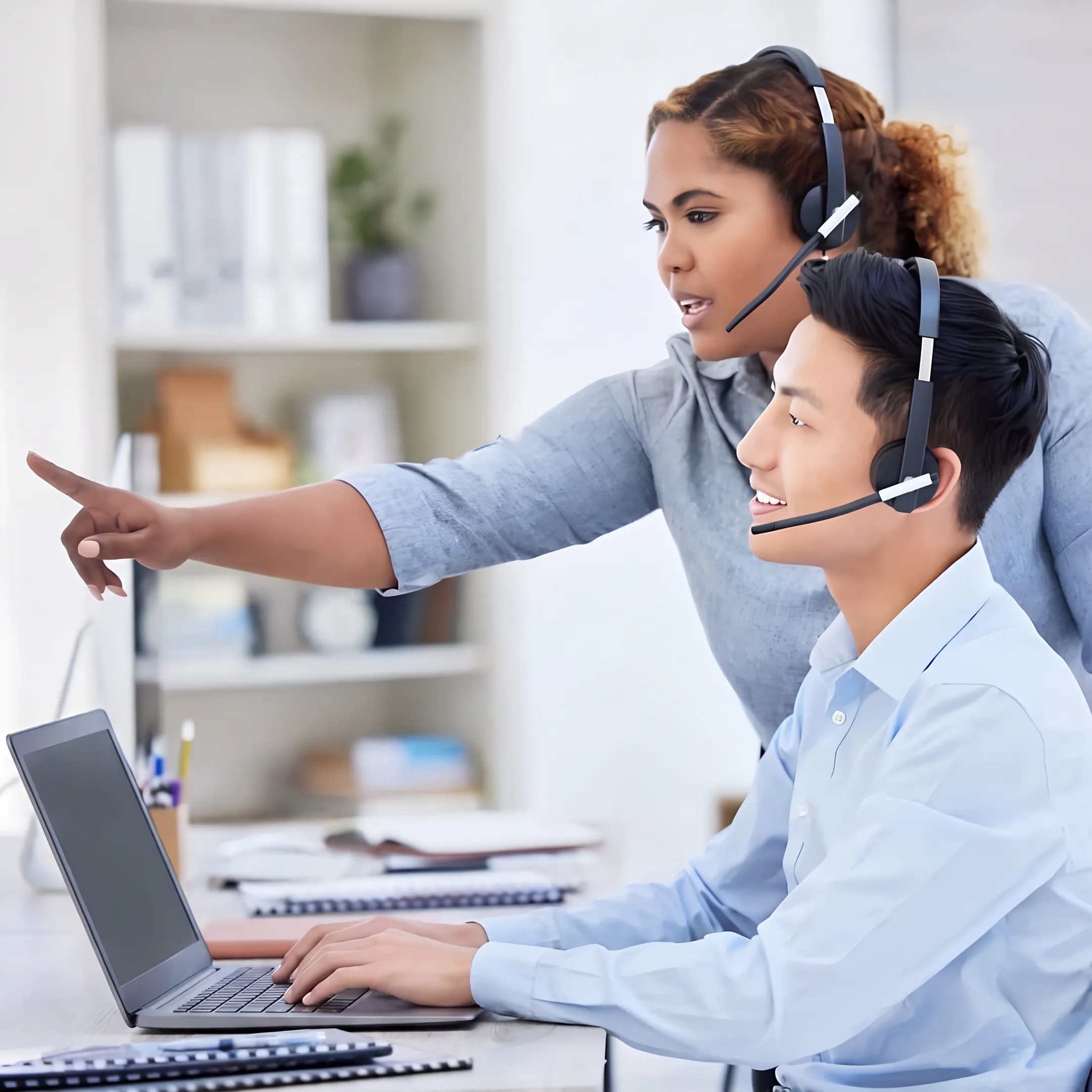 IT professional practicing a customer service conversation during online training