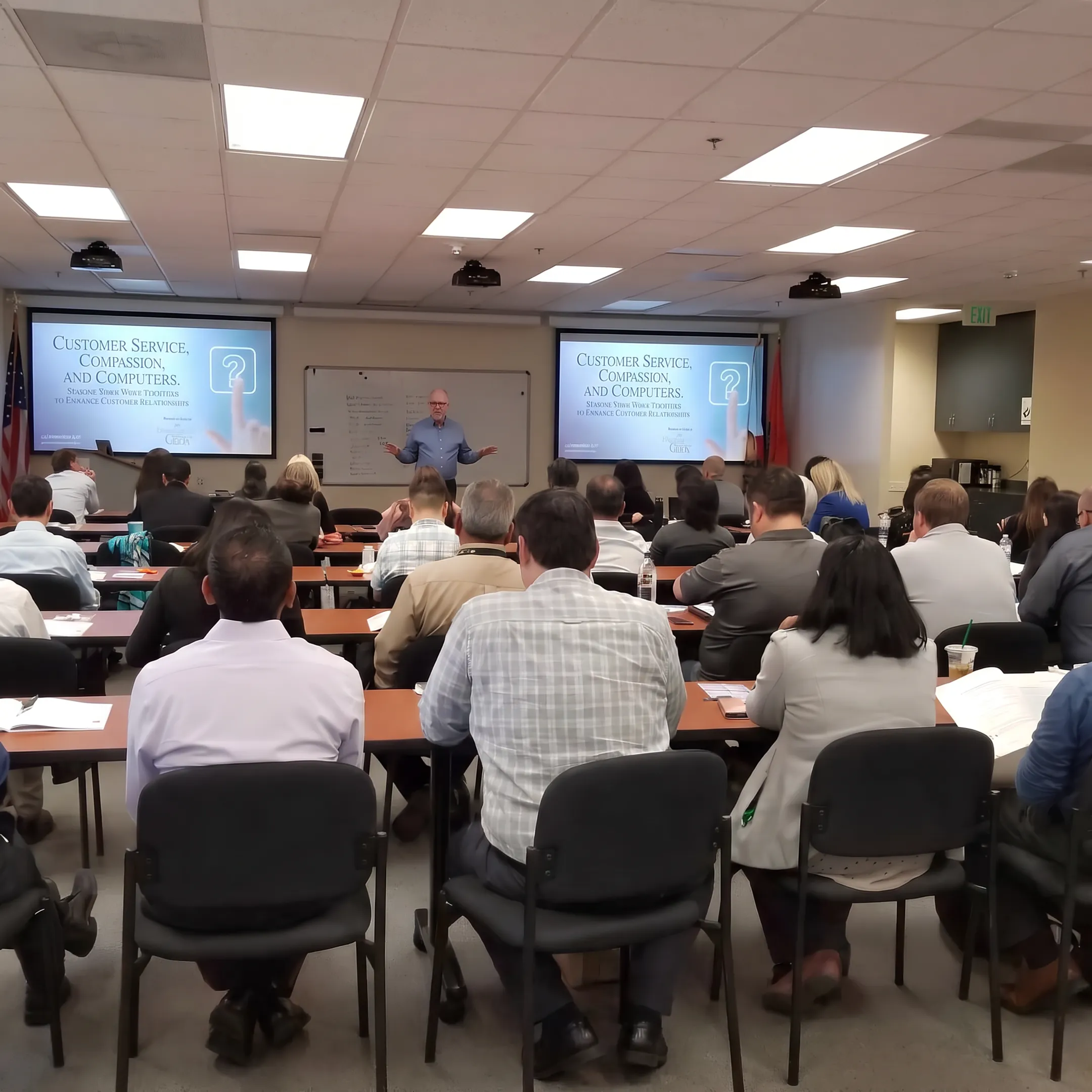IT service desk manager leading a customer service training session