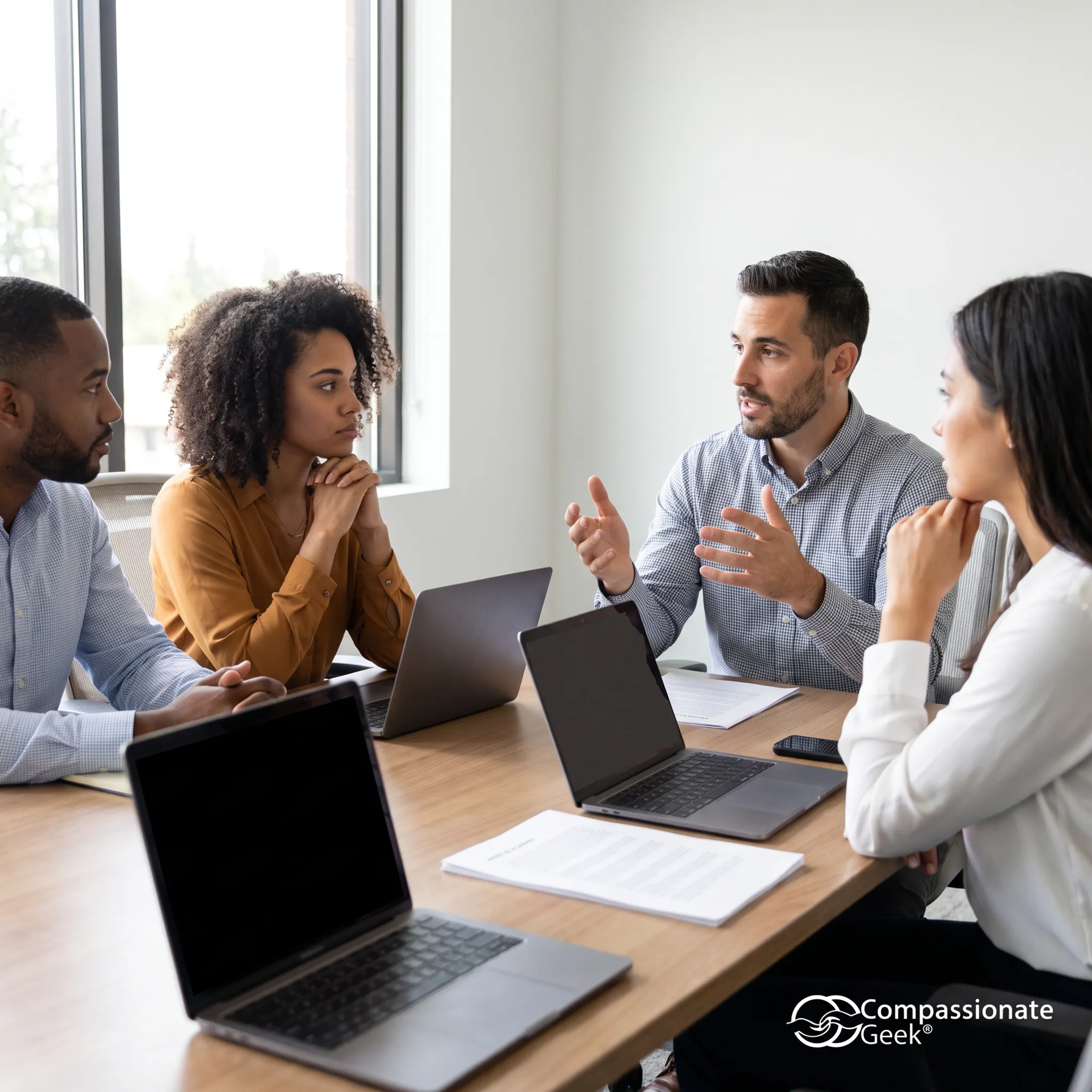IT support team collaborating during a conflict resolution training session