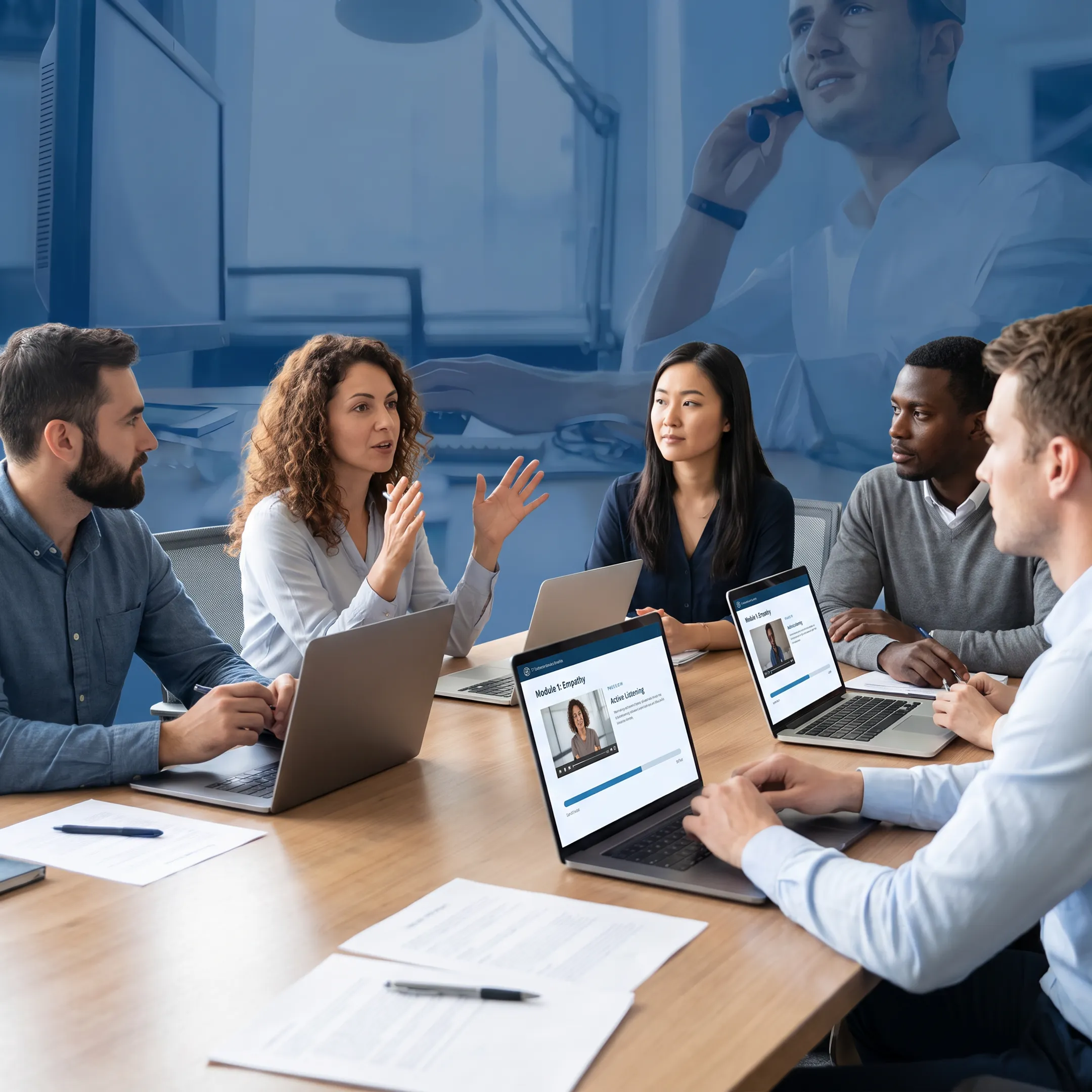 IT support team completing online customer service training together