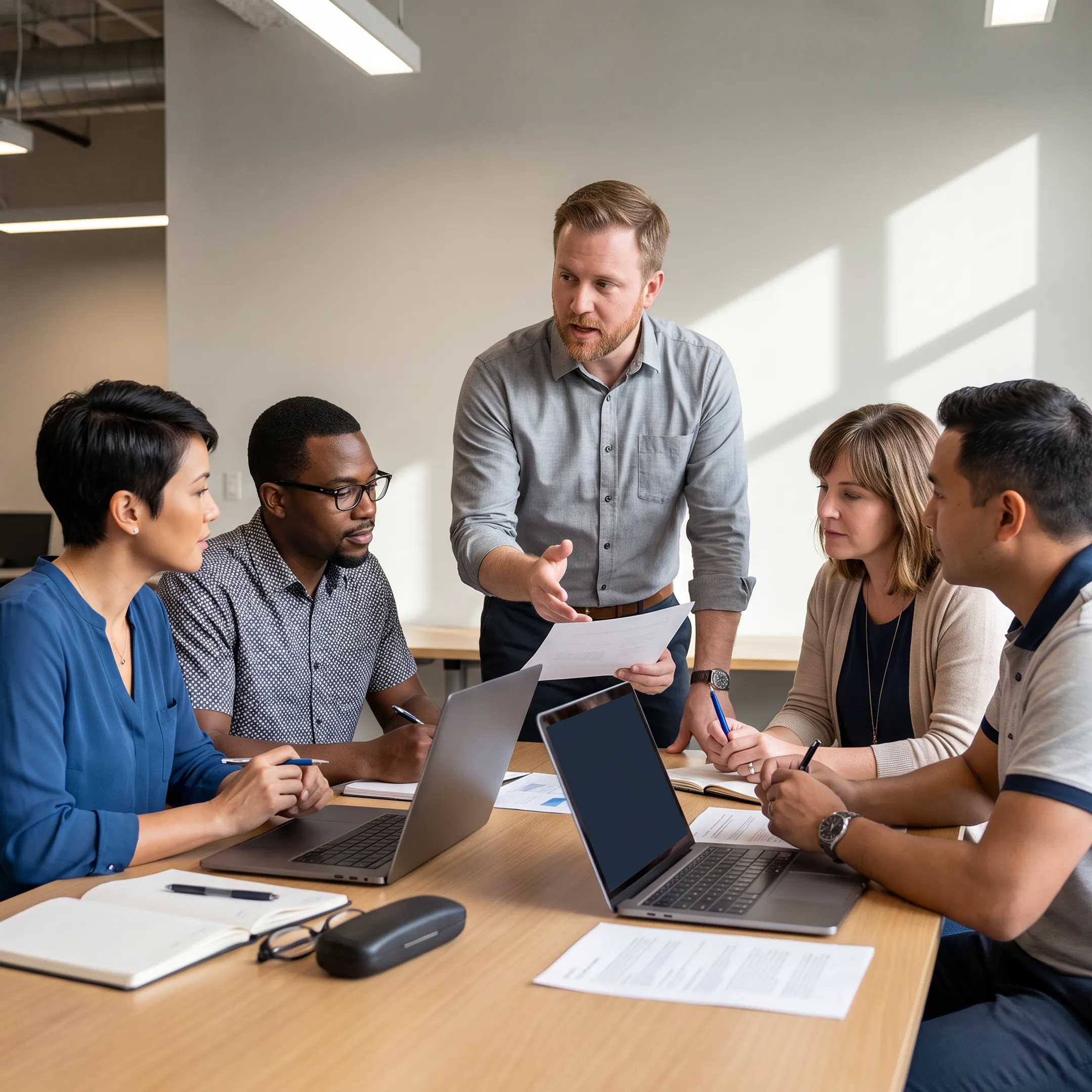IT manager leading a customer service training session for a technical support team
