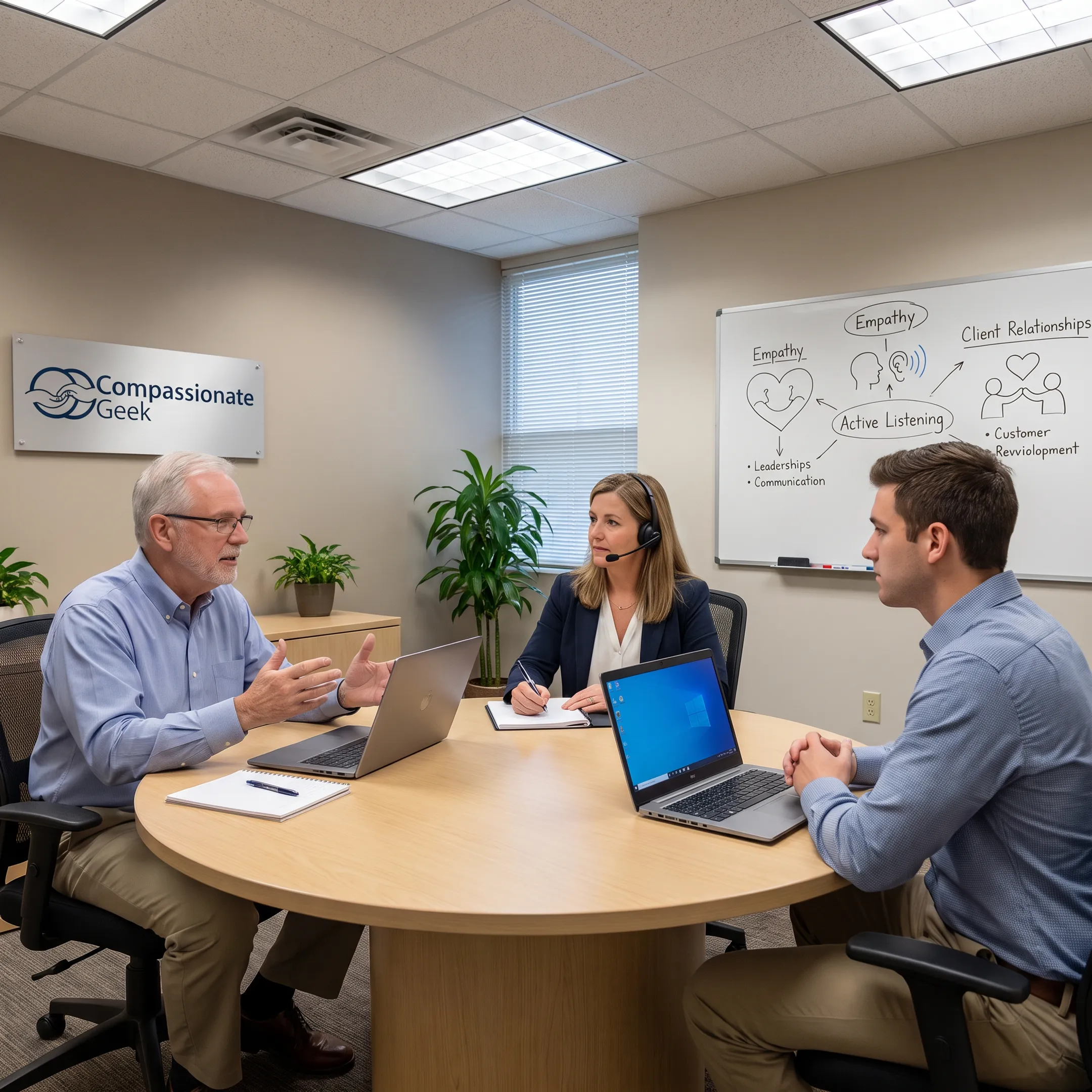 Technical support team learning compassionate customer service techniques online