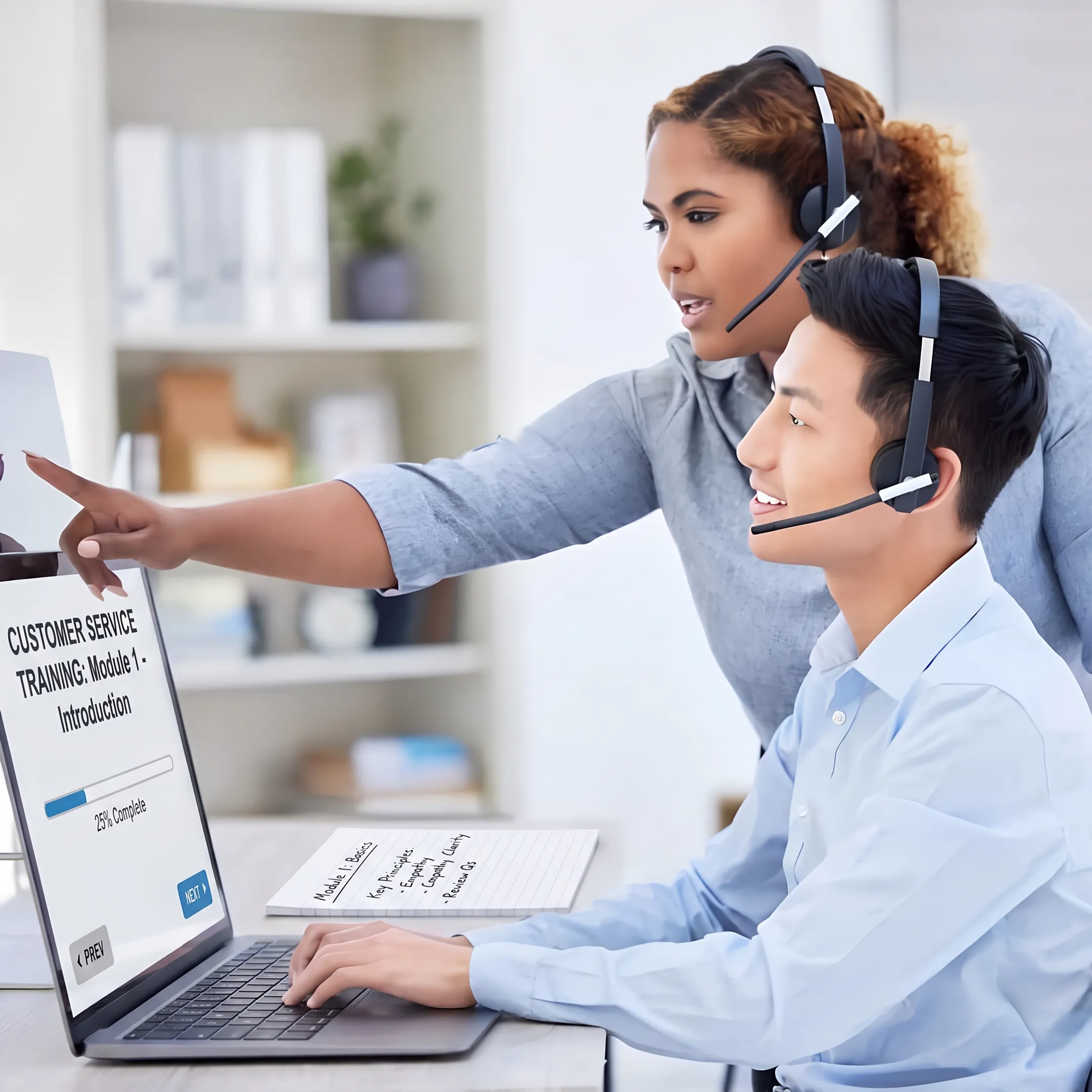 IT support professional learning customer service techniques through online training