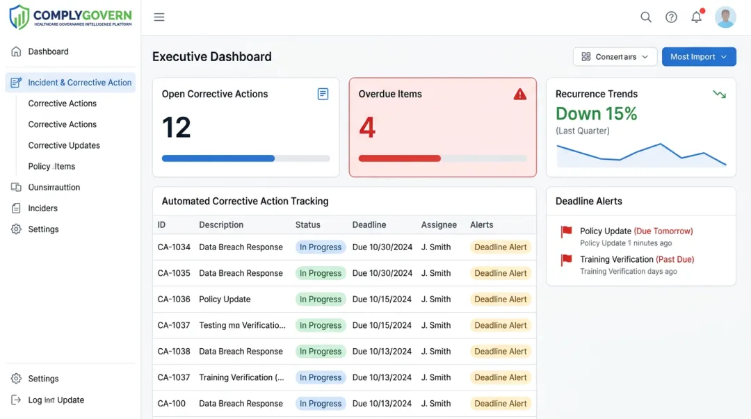 ComplyGovern dashboard displaying corrective action tracking and compliance metrics