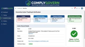 ComplyGovern platform dashboard linking corrective actions to effectiveness verification data