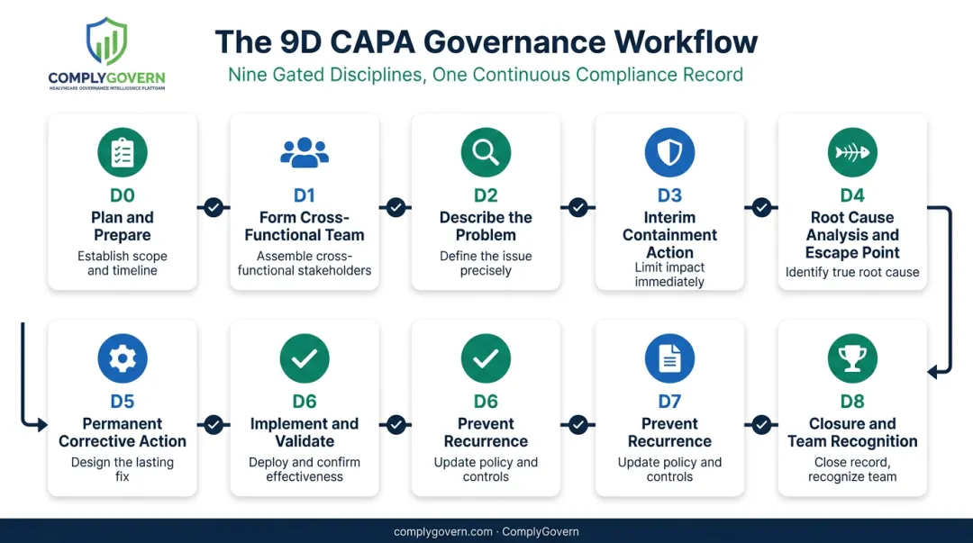 9-step D0 through D8 8D CAPA process flow diagram for healthcare
