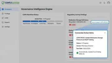 ComplyGovern dashboard displaying corrective actions linked to survey findings