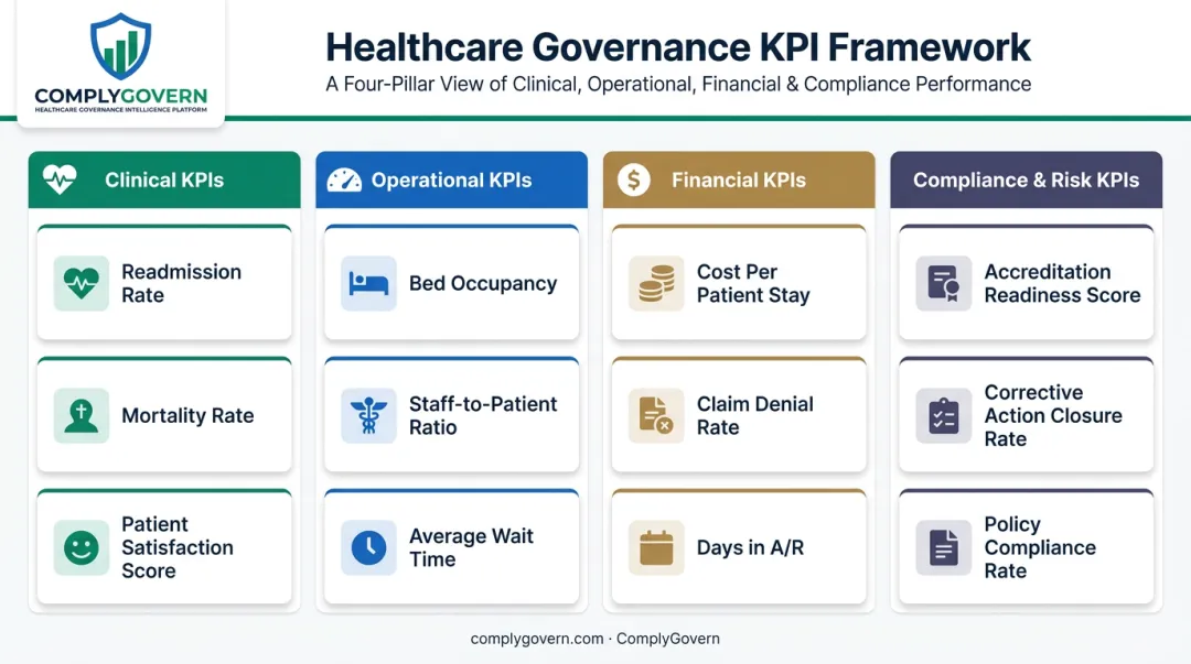 Four essential healthcare KPI categories spanning clinical operational financial and compliance metrics