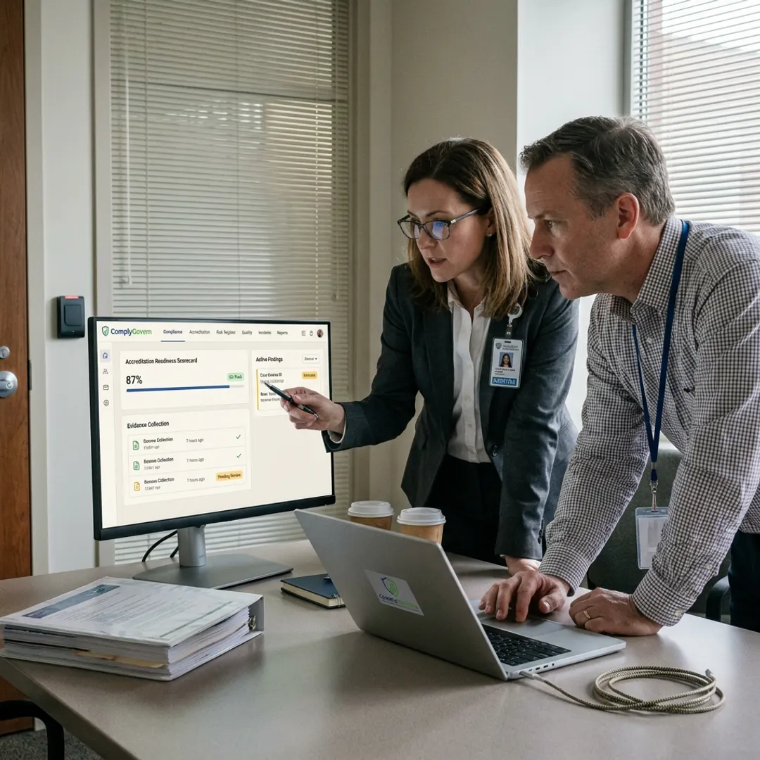 Healthcare team reviewing medical governance workflow