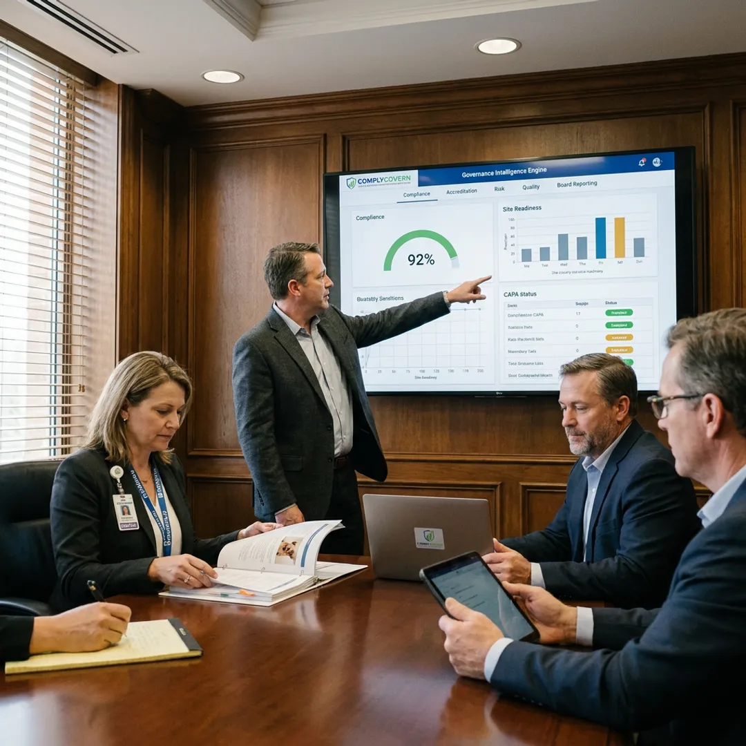 Healthcare board reviewing governance dashboard
