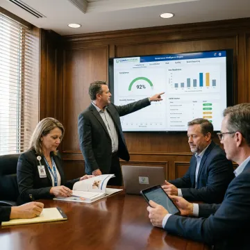 Healthcare board reviewing governance dashboard