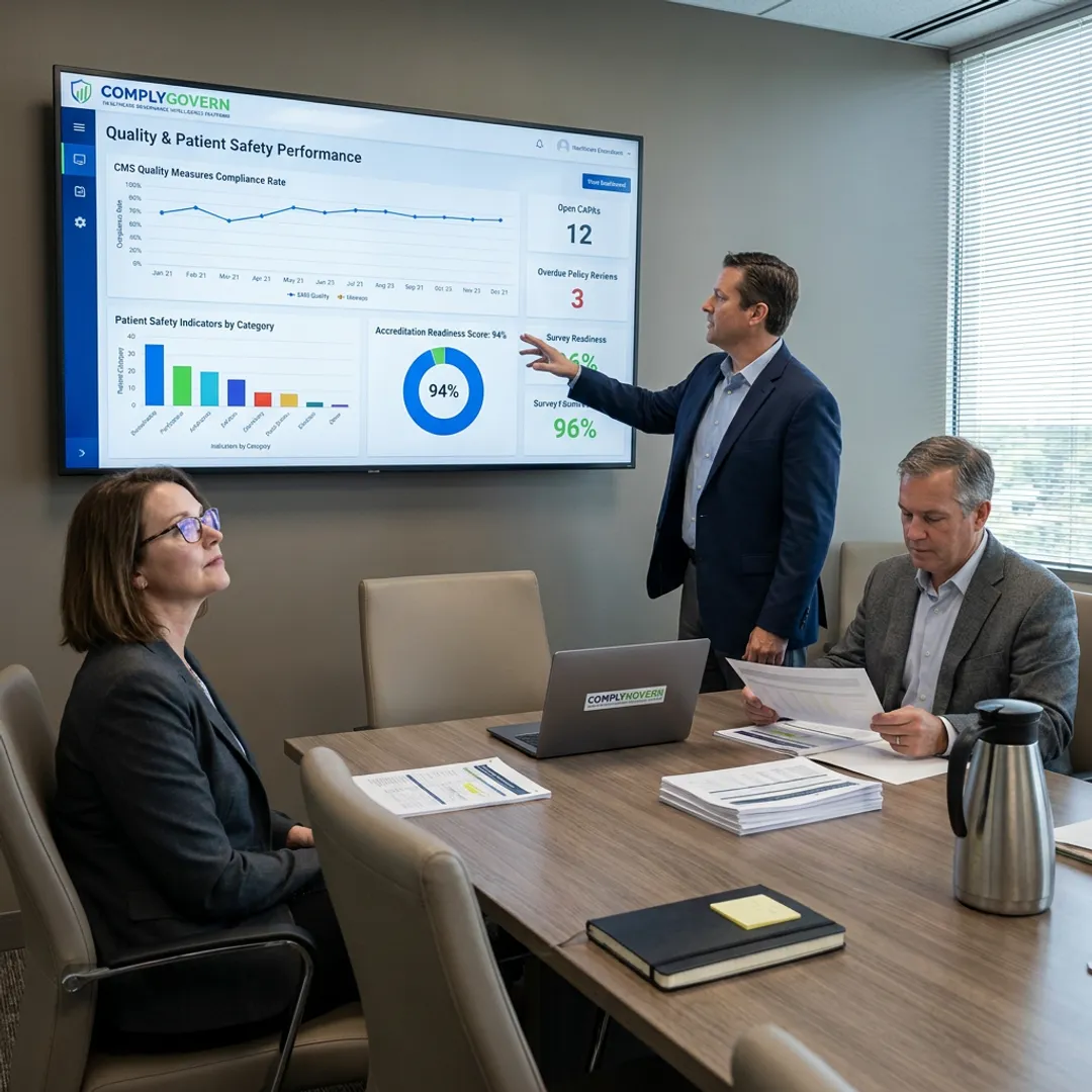 Healthcare leaders reviewing performance dashboards