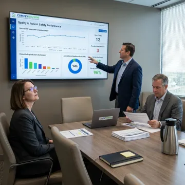 Healthcare leaders reviewing performance dashboards