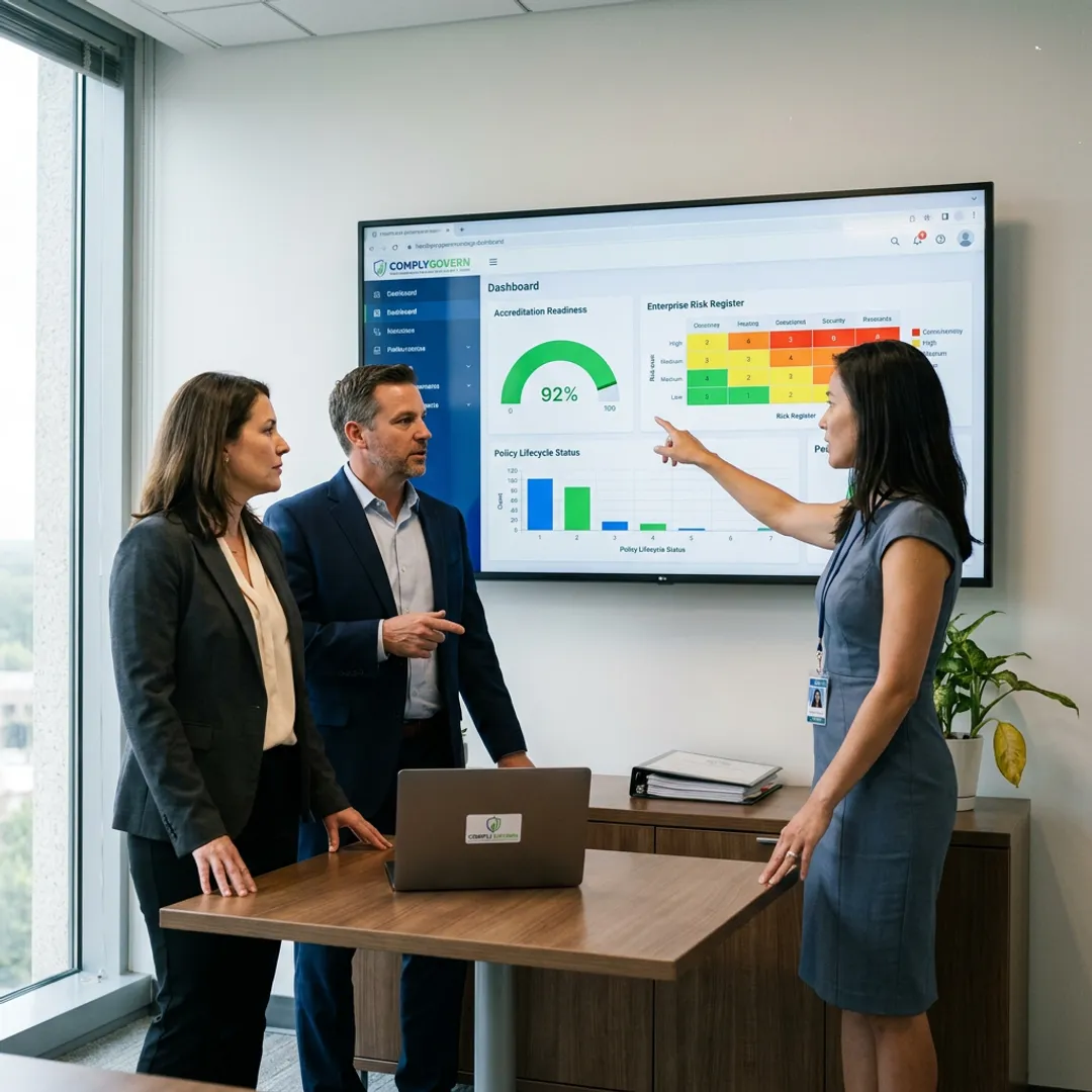 Healthcare leaders reviewing compliance dashboards