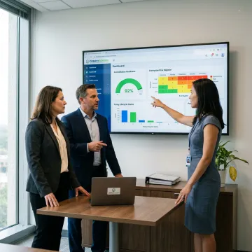 Healthcare leaders reviewing compliance dashboards