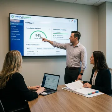 Healthcare team reviewing training compliance dashboard