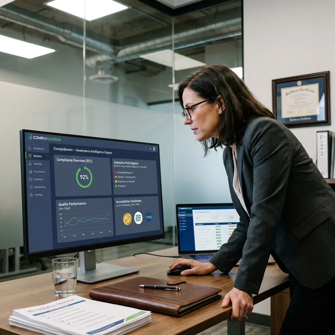 Healthcare governance dashboard on a workstation