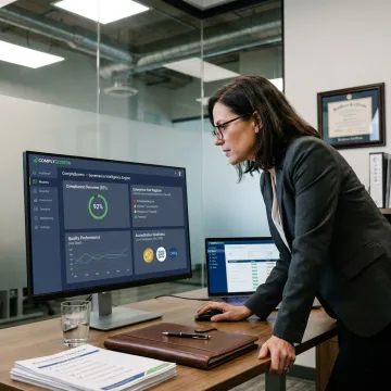 Healthcare governance dashboard on a workstation