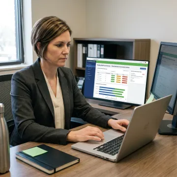 Healthcare leader reviewing peer review dashboard