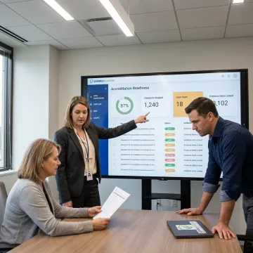 Healthcare compliance team reviewing accreditation readiness dashboard