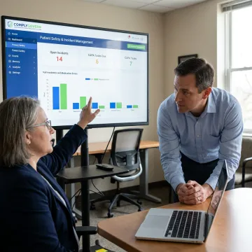 Healthcare team reviewing patient safety dashboard