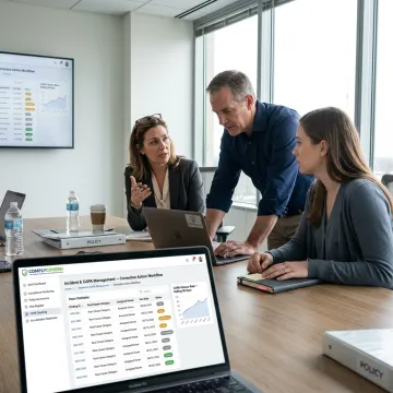 Healthcare team reviewing CAPA workflow dashboards