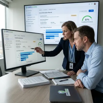 Healthcare quality team reviewing CAPA workflow dashboard