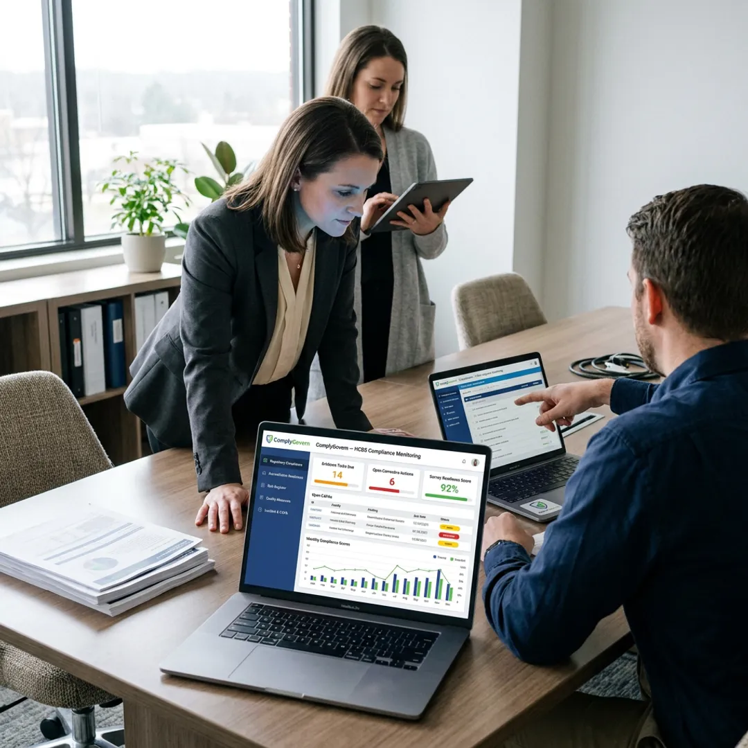 Compliance team reviewing monitoring dashboards